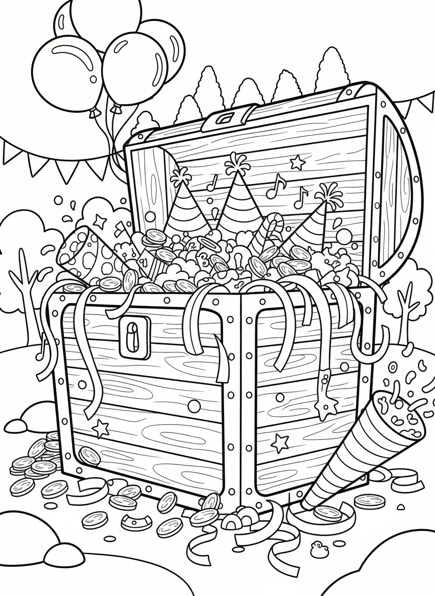 A treasure chest overflowing with party supplies: hats, horns, streamers, and shiny decorations