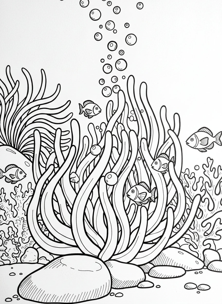 Sea anemone garden underwater with bubbles floating up, small fish swimming between the swaying tentacles, peaceful ocean scene