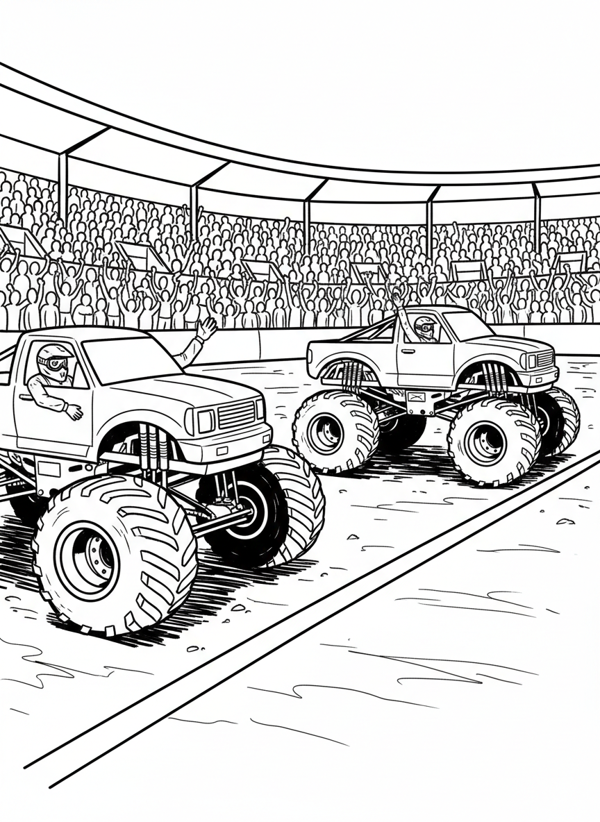Two monster trucks side-by-side at the starting line of a race track, drivers waving from windows, stadium crowd in background.