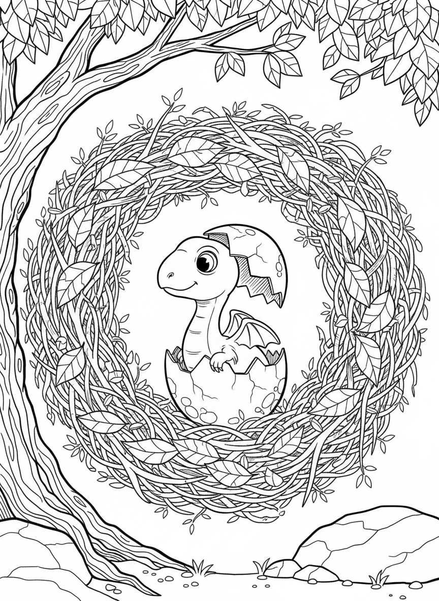 A baby dinosaur hatching from a cracked egg in a nest made of leaves and twigs, with curious eyes peeking out.