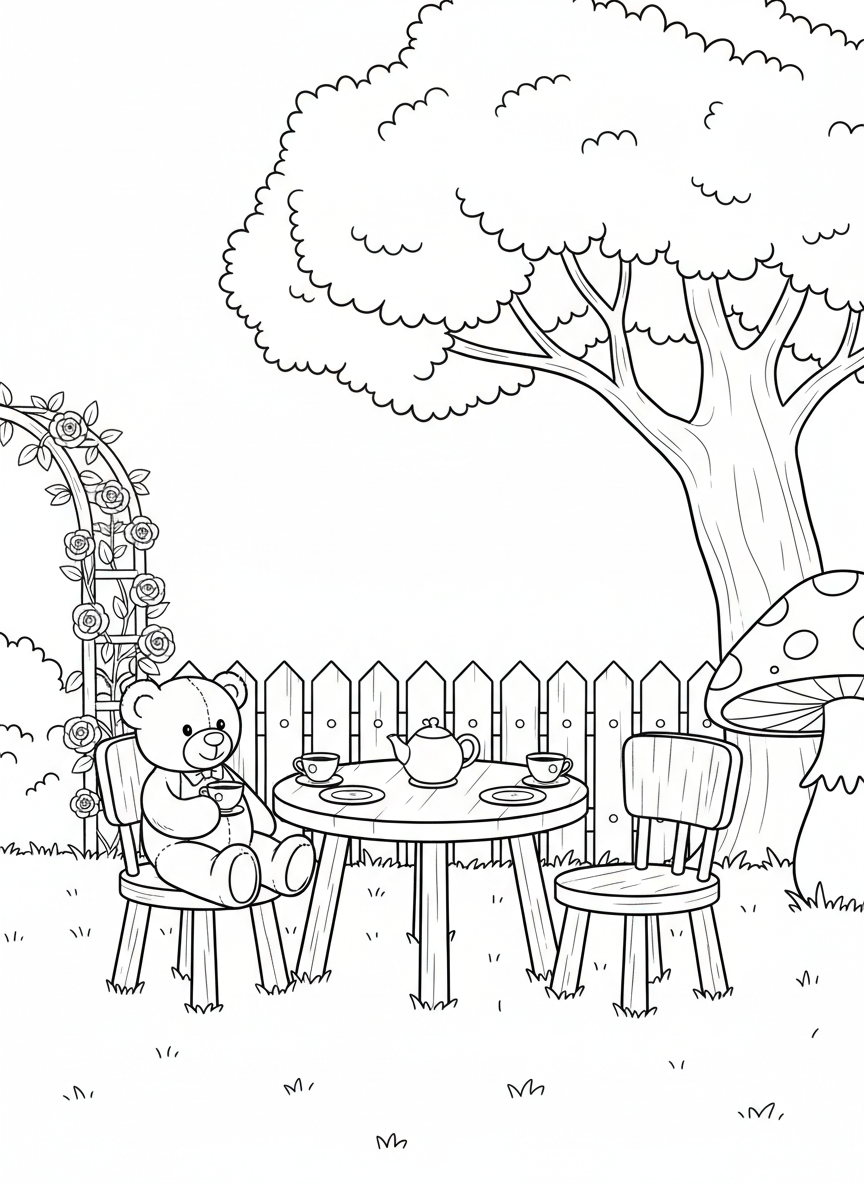 A small child-sized table and chairs set with a tea party arrangement including cups, plates, and a stuffed bear guest