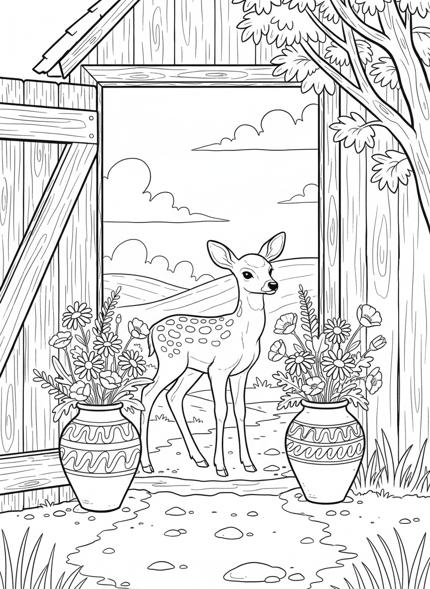 A deer fawn standing beside tall pottery urns filled with wildflowers in a barn doorway, peaceful composition