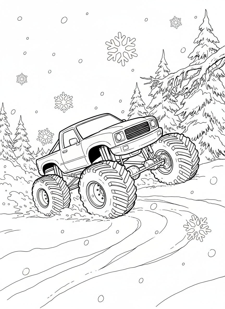 A monster truck driving through a snowy mountain trail, pine trees covered in snow, snowflakes falling around the vehicle.