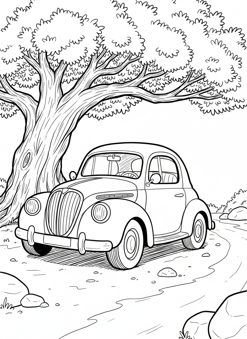 A cozy vintage car with rounded edges and button-like headlights, parked under a tree, artisan craft aesthetic line art