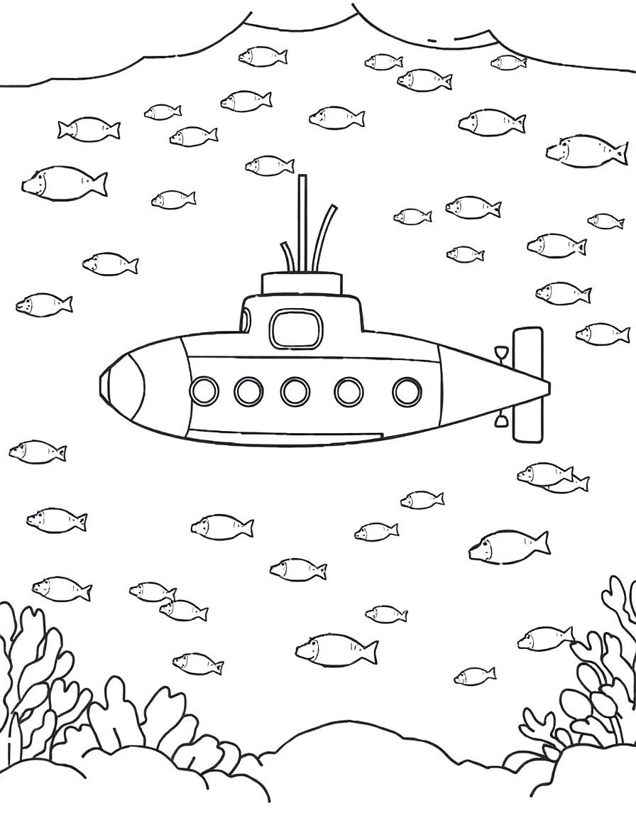 A submarine cruising underwater, schools of fish all around