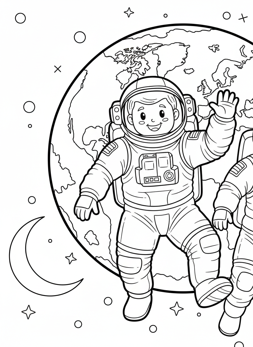 A friendly astronaut floating in space with Earth visible in the background, clean outlines perfect for coloring