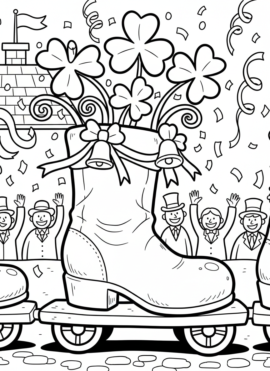 A parade float designed as a giant boot with shamrocks growing out of it, decorated with ribbons and bells.