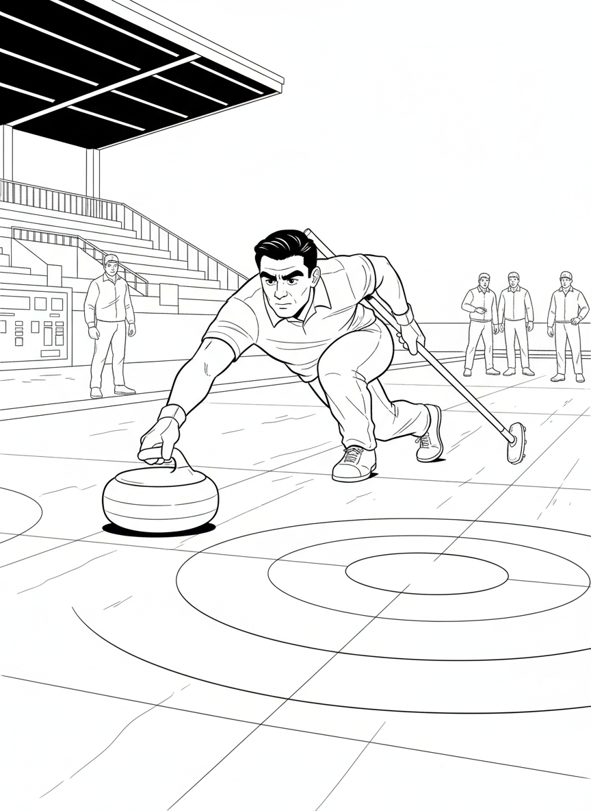 A curling scene with a player sliding a stone across ice toward the target circles, broom in hand, focused expression.