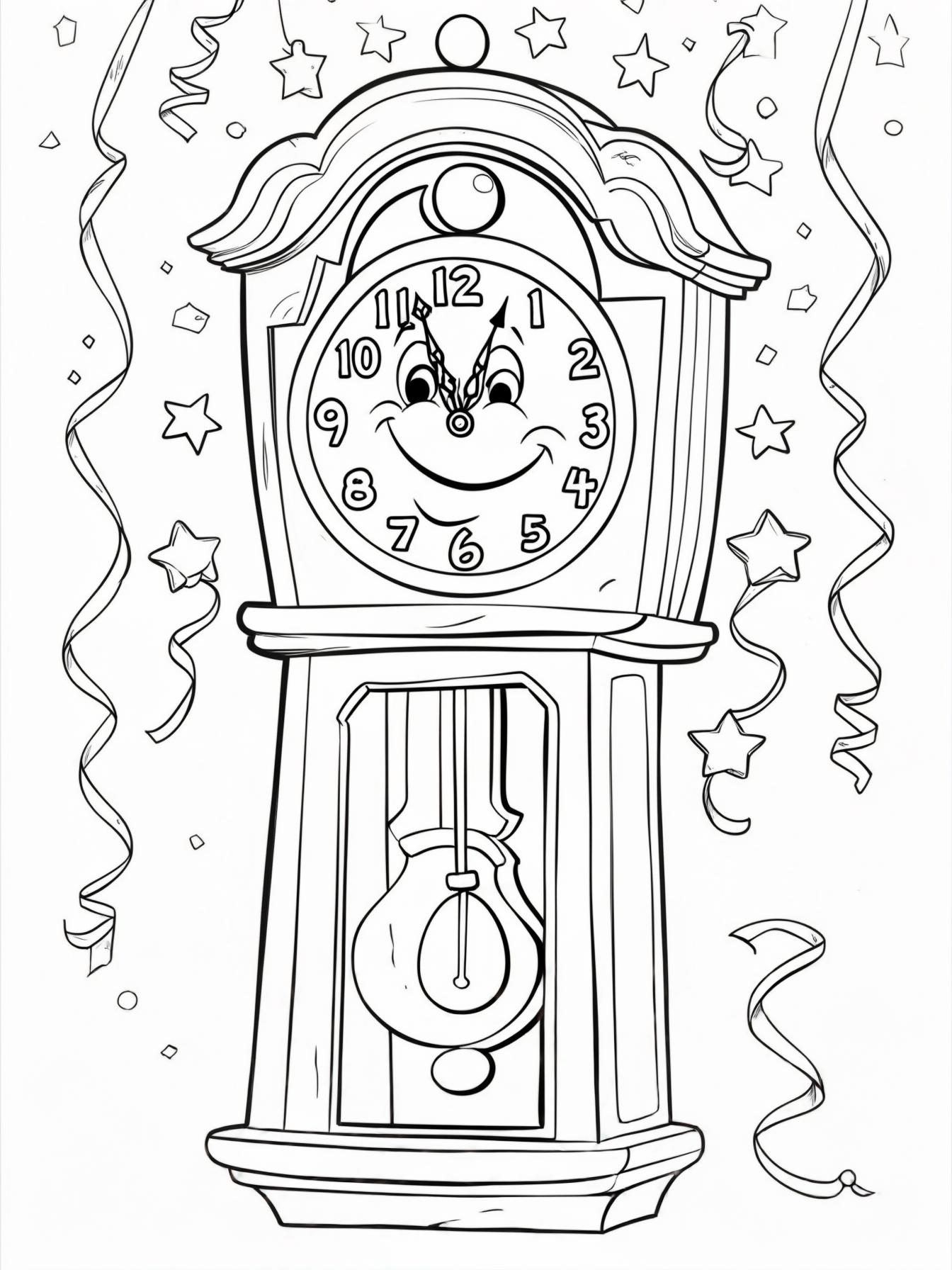 The Midnight Clock: A large, friendly grandfather clock with a smiling face for New Years Eve, its hands pointing almost to 12, surrounded by stars and streamers.