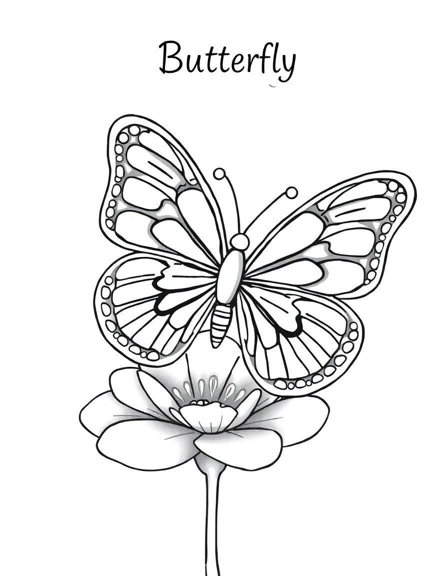 A beautiful butterfly with intricate, symmetrical wing patterns, resting on a flower petal.  it's written "Butterfly" near top of page and nothing more is written