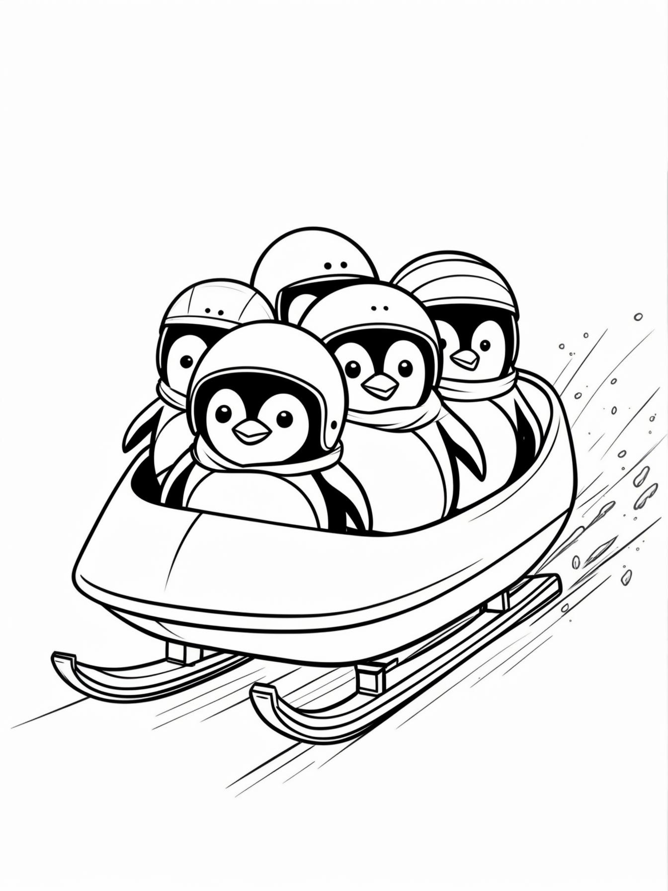 Bobsled Team: A team of four penguins packed into a bobsled, wearing matching helmets and zooming down an ice track.