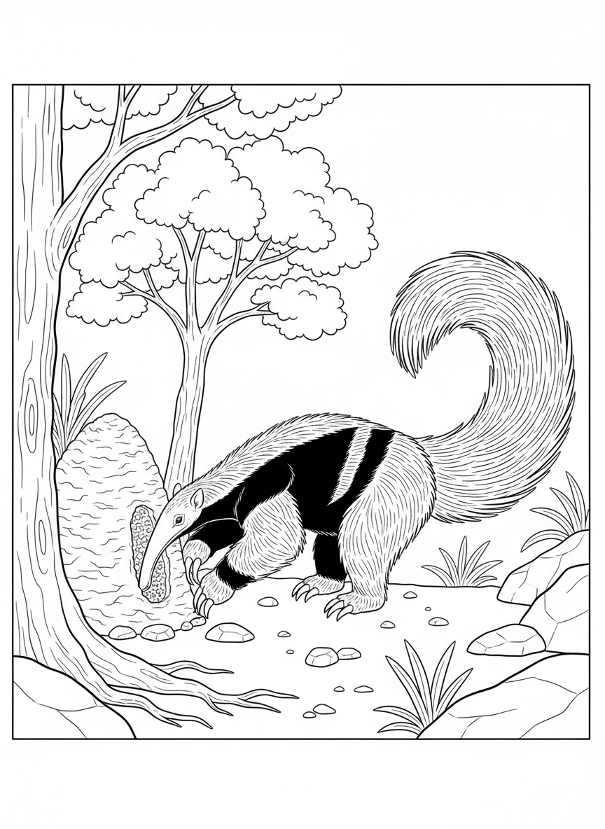 An anteater using its long snout near a termite mound, showing its bushy tail, long claws, and distinctive shape.