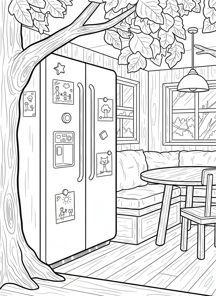 Treehouse kitchen with a refrigerator decorated with drawings, next to a cozy breakfast nook with cushioned bench seating.