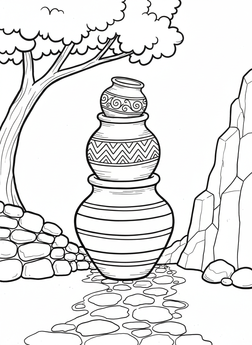 Three different sized clay pots stacked together, each with unique patterns like stripes, zigzags, and swirls.