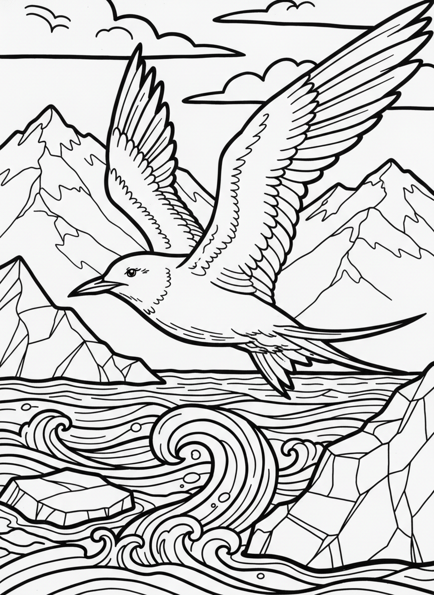 An Arctic tern in flight with wings fully spread, showing detailed feather patterns, flying over icy waters