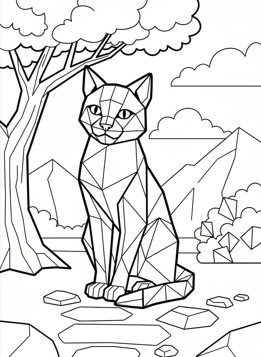 A simple origami cat sitting upright with geometric folded paper triangles forming its ears, body, and tail, clean line art for coloring