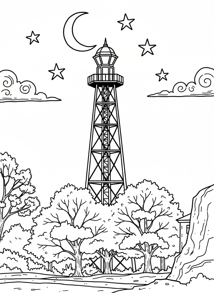 The Moontower (historic Austin lighting tower) standing tall with stars and moon in the sky, trees at the base, nighttime landmark scene