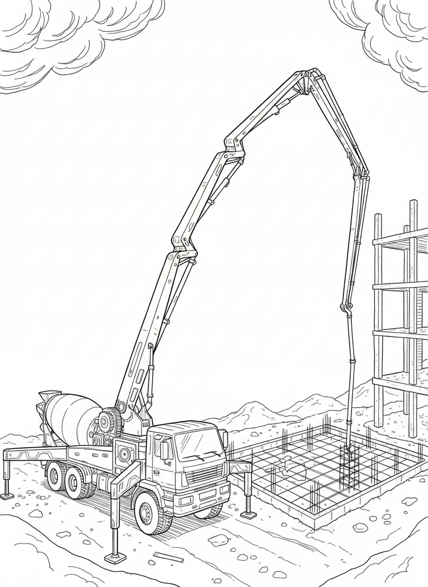 A concrete pump truck with extended boom arm reaching over a building foundation, complex machinery with flowing lines.