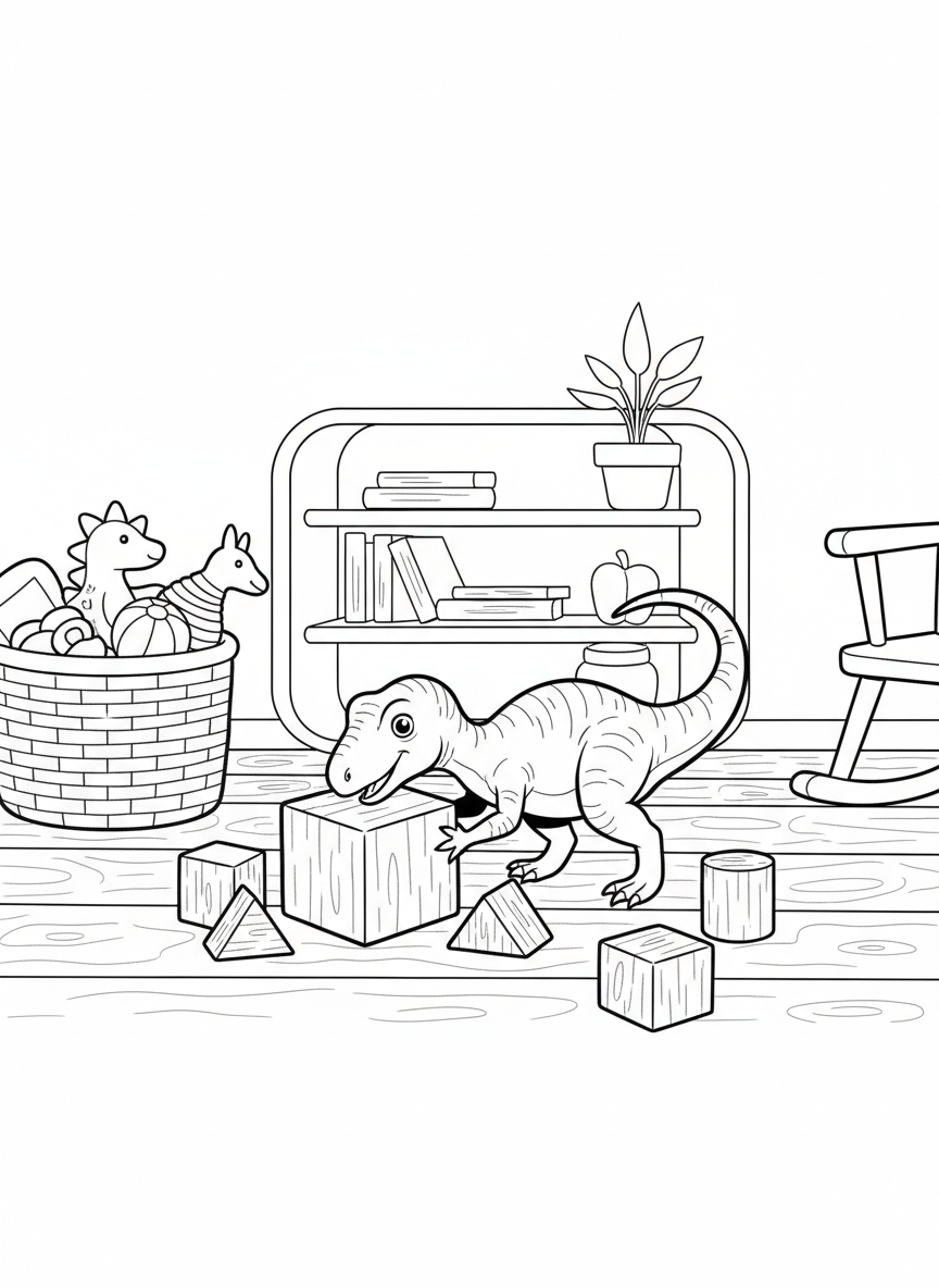 A tiny Compsognathus playing with building blocks on a wooden floor next to a toy basket, playful nursery setting.
