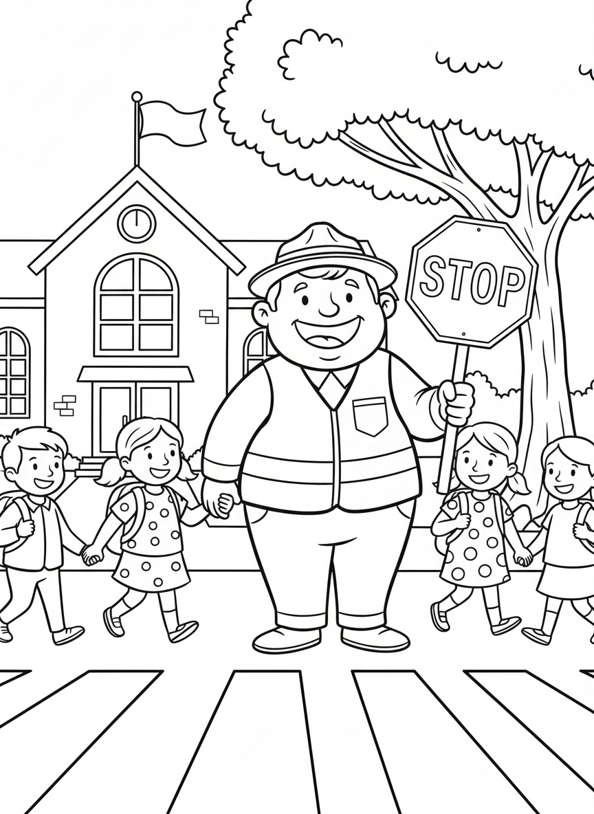 A crossing guard helping kids safely cross the street near a school, holding a stop sign with a big smile.