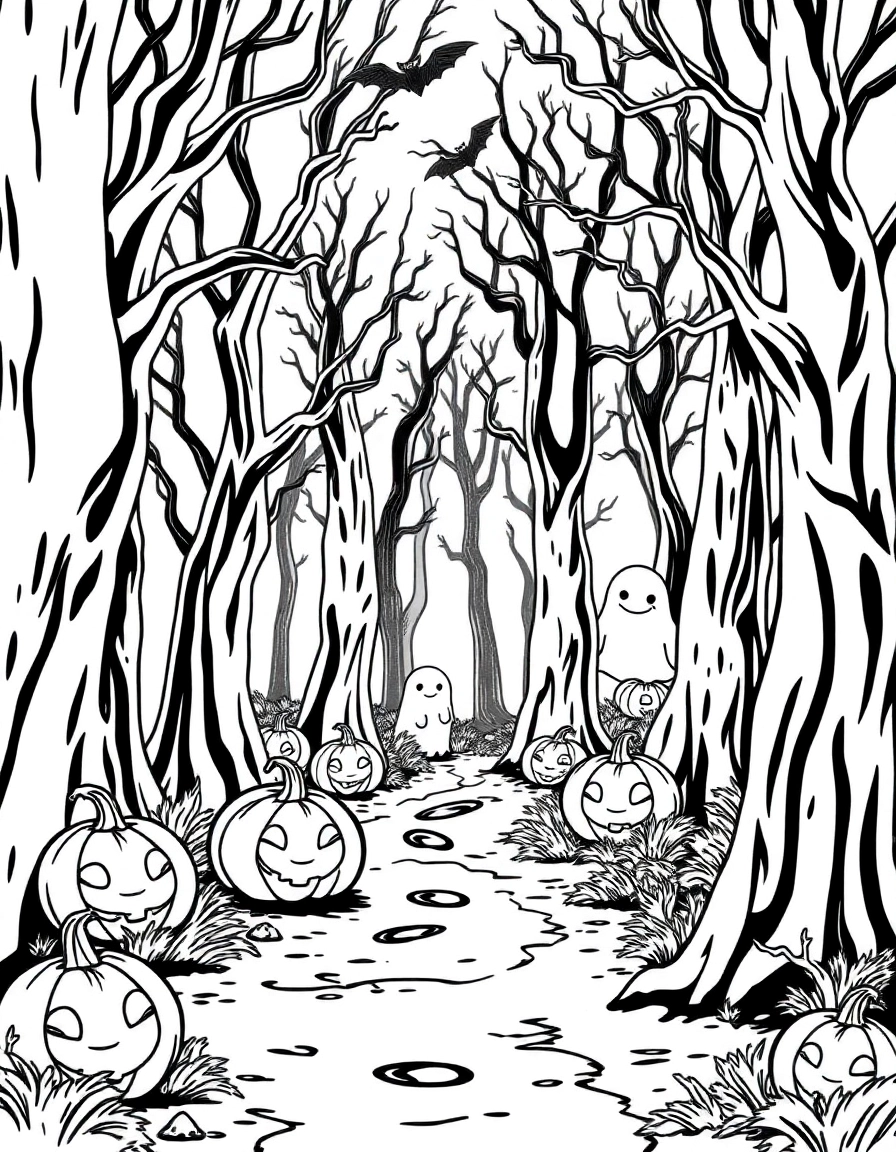 A spooky forest filled with tall twisted trees and smiling pumpkins lighting a dirt path. Friendly ghosts peek from behind trunks while bats flutter overhead.
