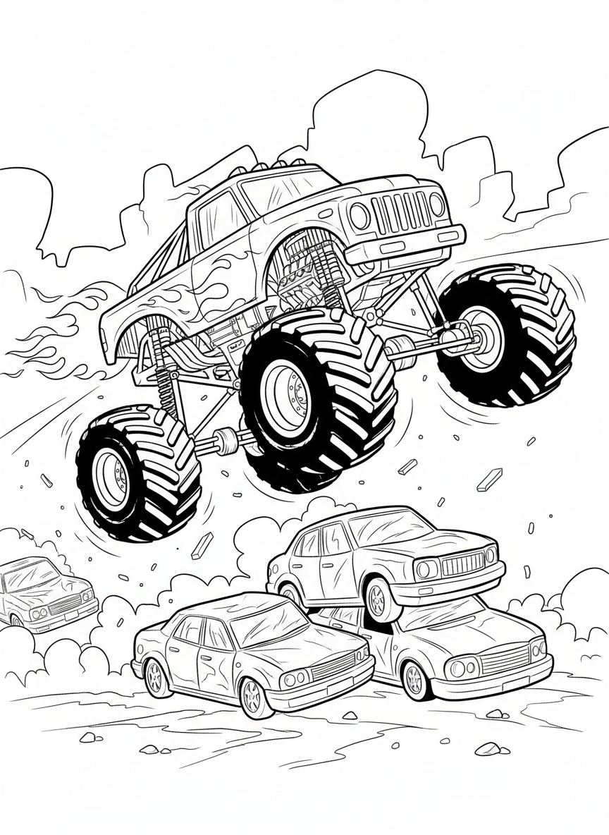 A monster truck with enormous wheels jumping over a row of crushed cars, mid-air action pose with flames on the side