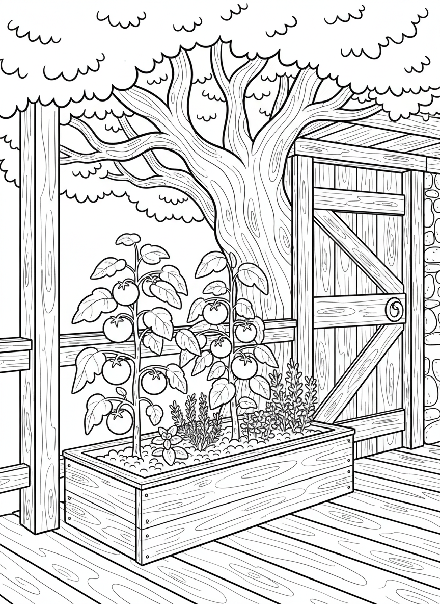 A treehouse kitchen garden box on the deck with tomatoes and herbs, next to a door leading into the cooking space.