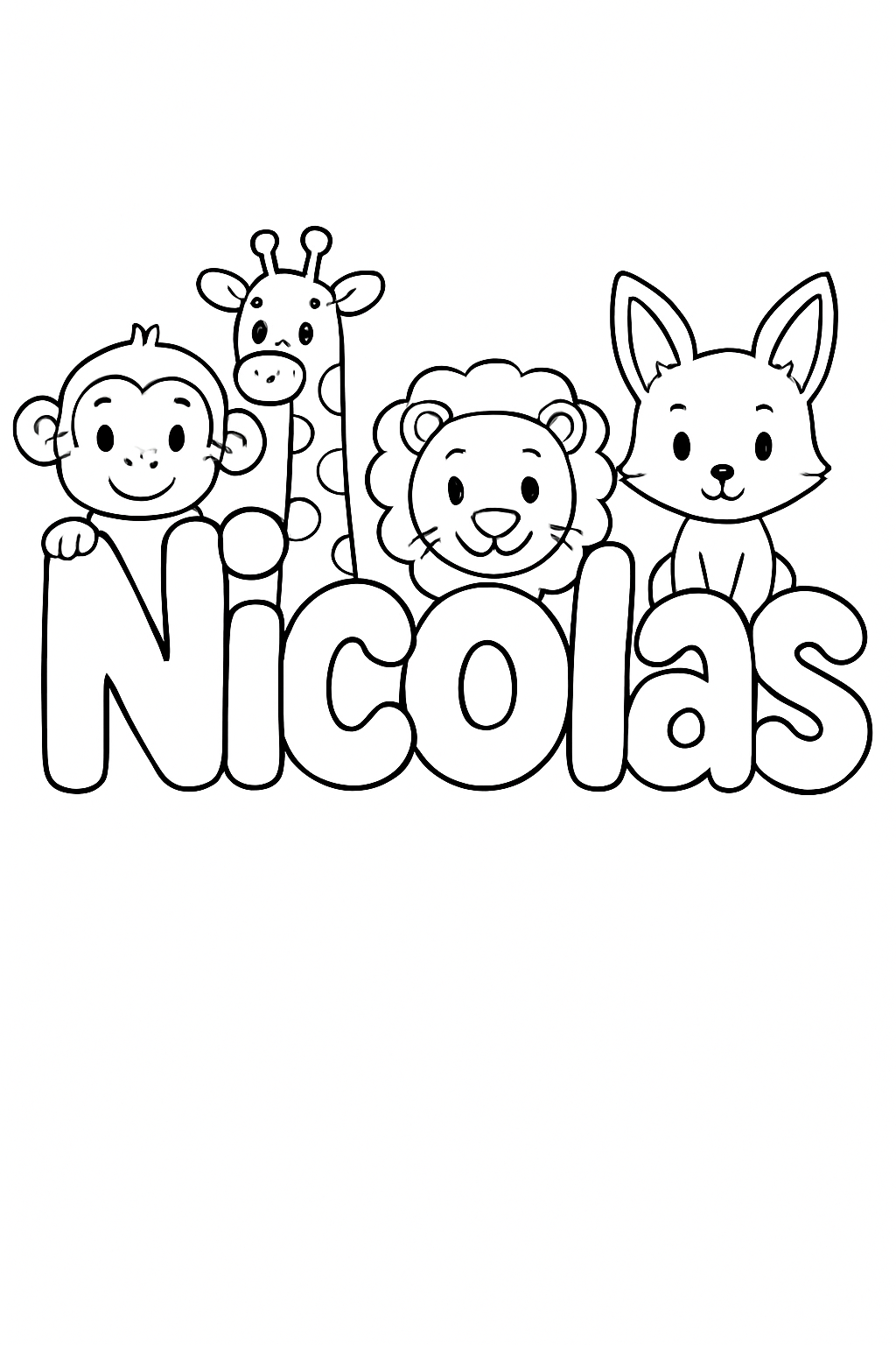 The name “Nicolas” in bubble letters with cartoon animals peeking out of each letter. make the name all on one line, capitalize only the first letter