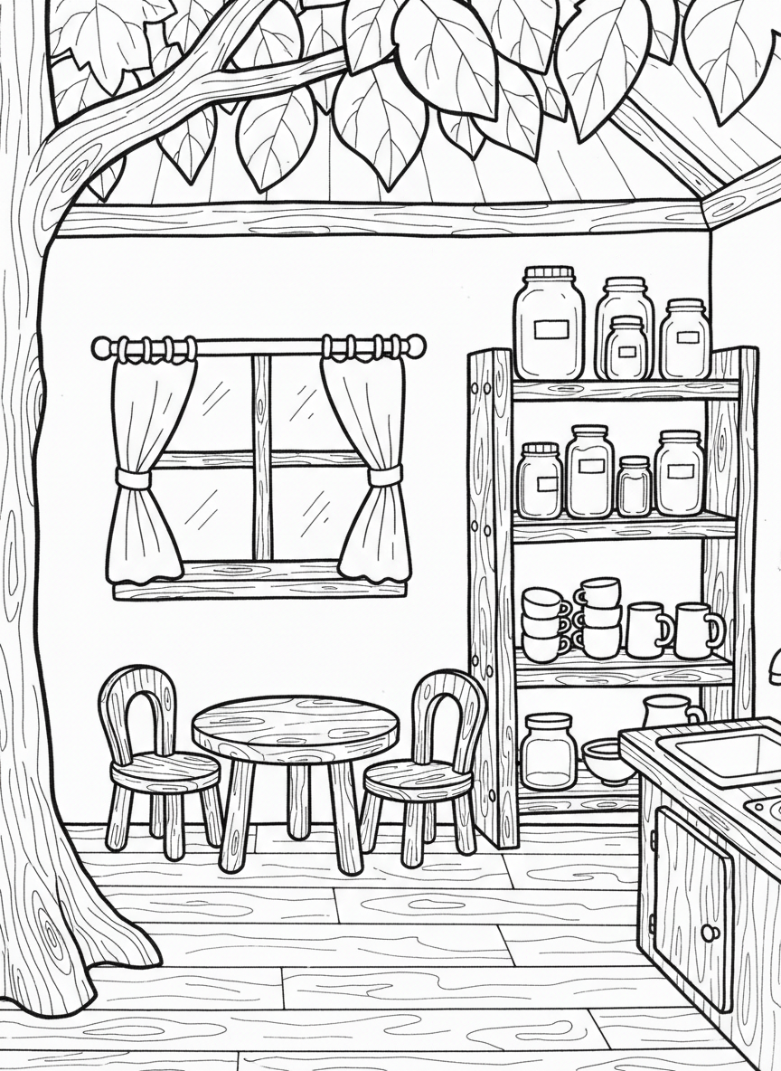 Treehouse kitchen with miniature table, two chairs, shelves with jars and cups, and a small window with curtains.