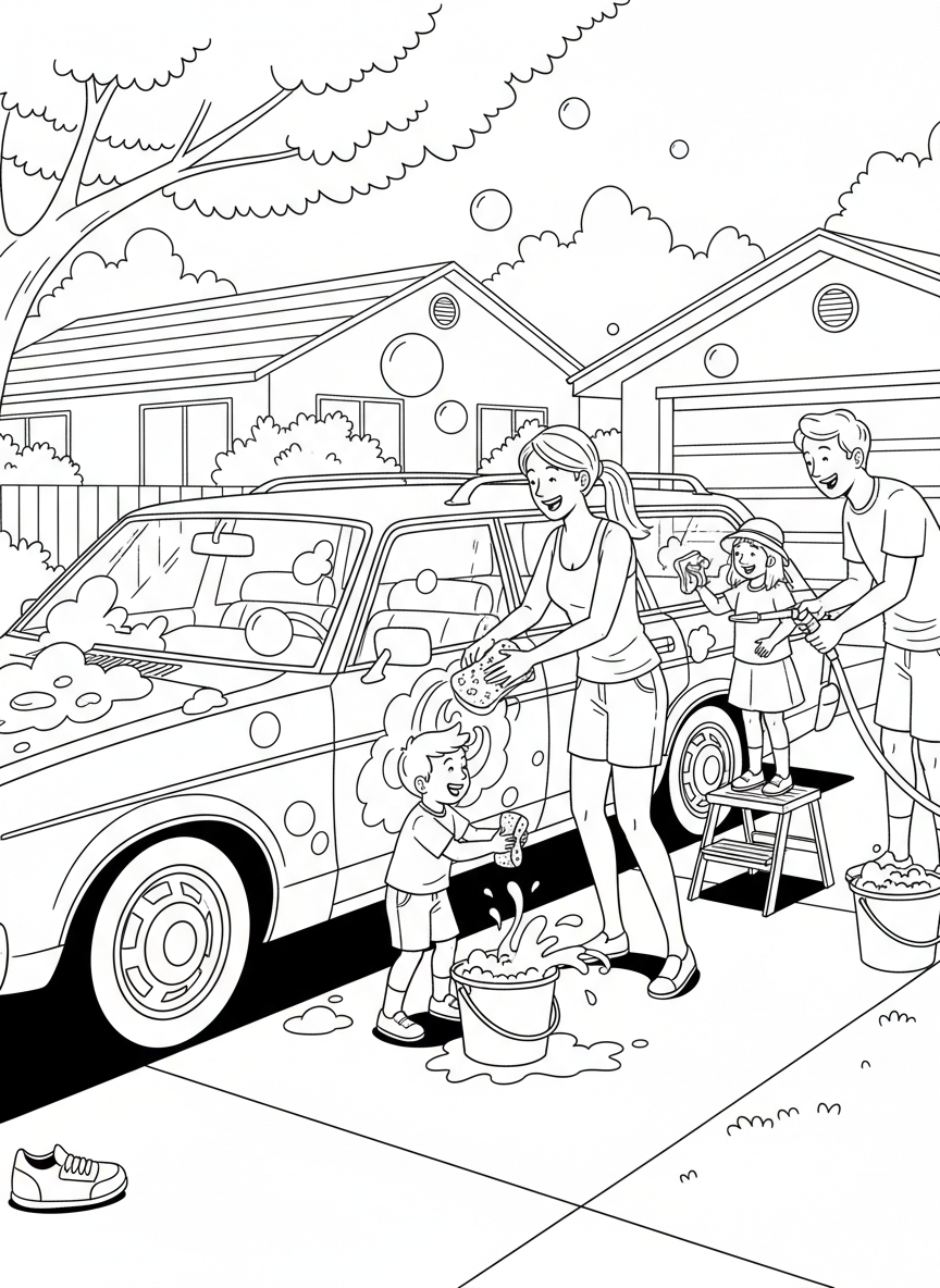 Children helping parents wash the family car in the driveway, with soap bubbles, sponges, buckets, and a hose.