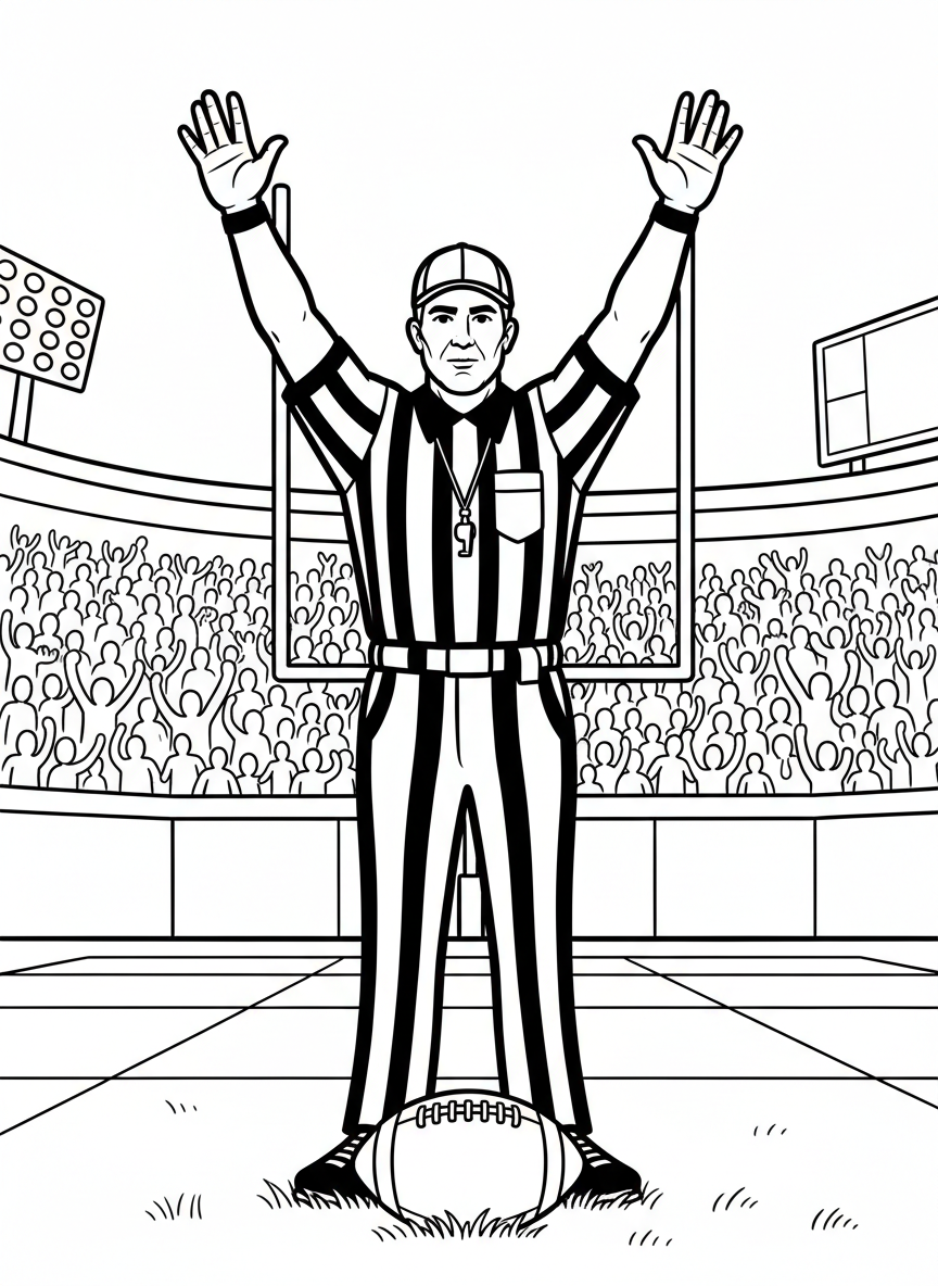A football referee making a touchdown signal with arms raised straight up, wearing striped uniform.