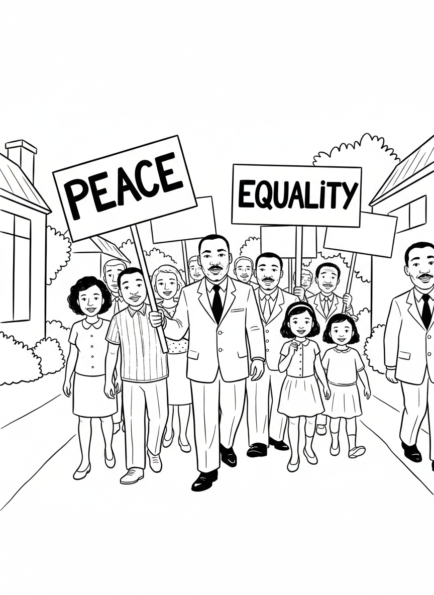 Martin Luther King Jr. walking peacefully with a group of diverse people carrying signs that say 'Peace' and 'Equality'