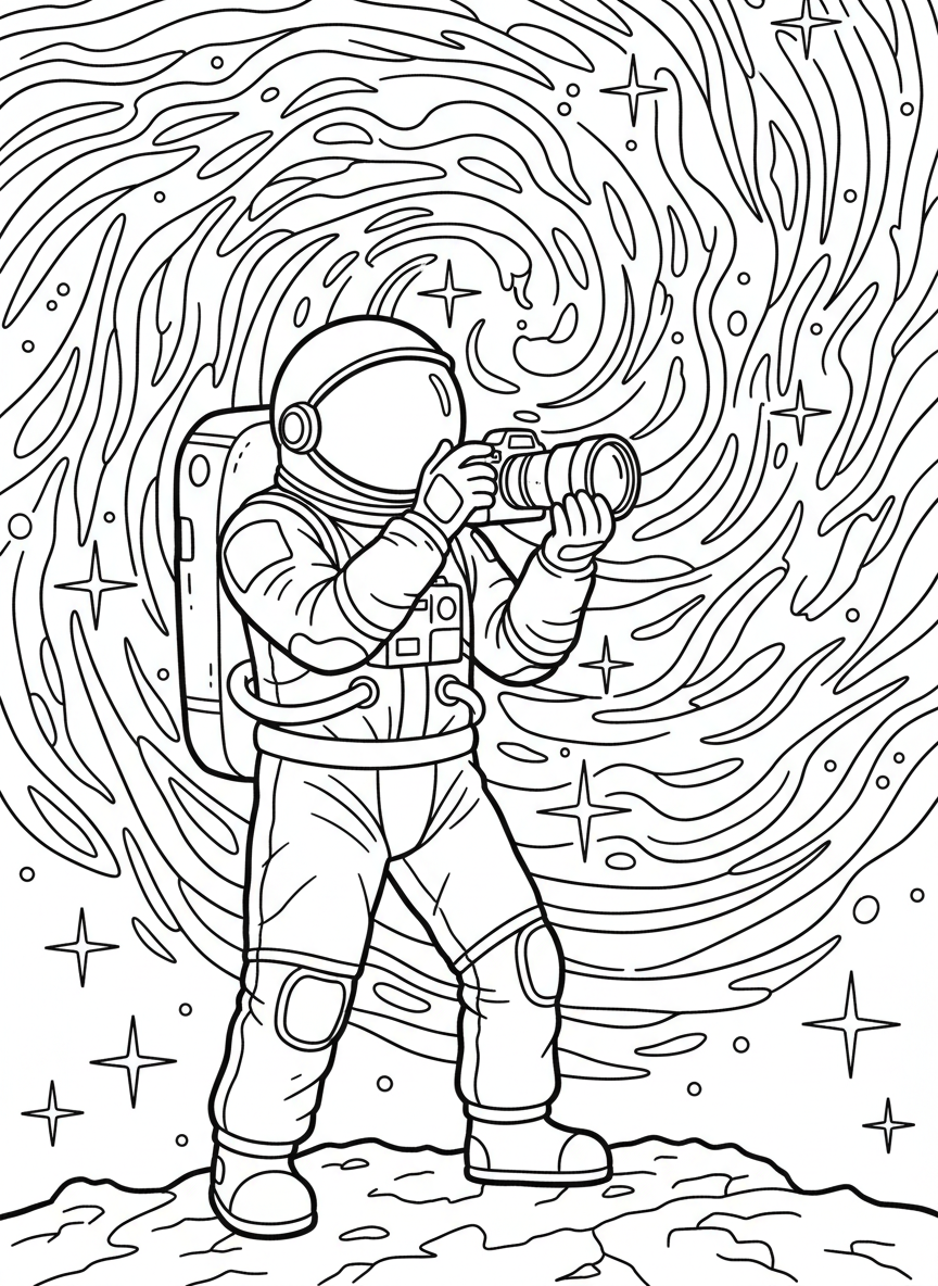 An astronaut taking a photograph of a colorful nebula cloud, holding a camera with stars twinkling all around