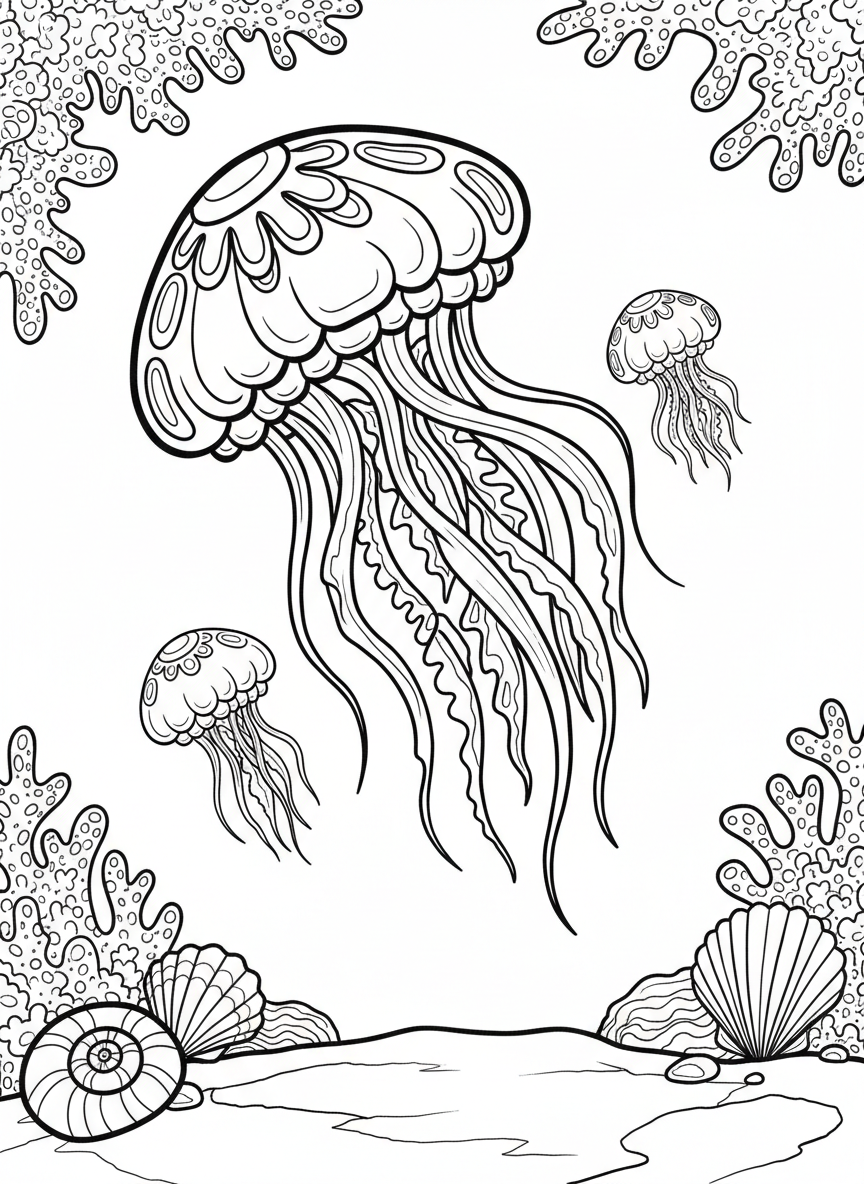 A jellyfish family scene with a large parent jellyfish and two tiny baby jellyfish swimming in a tide pool with coral and shells on the edges.