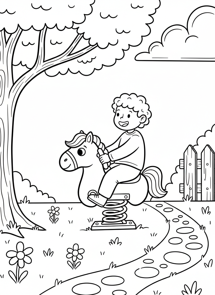 A spring rider shaped like a friendly horse with a child sitting on it, simple bouncing toy