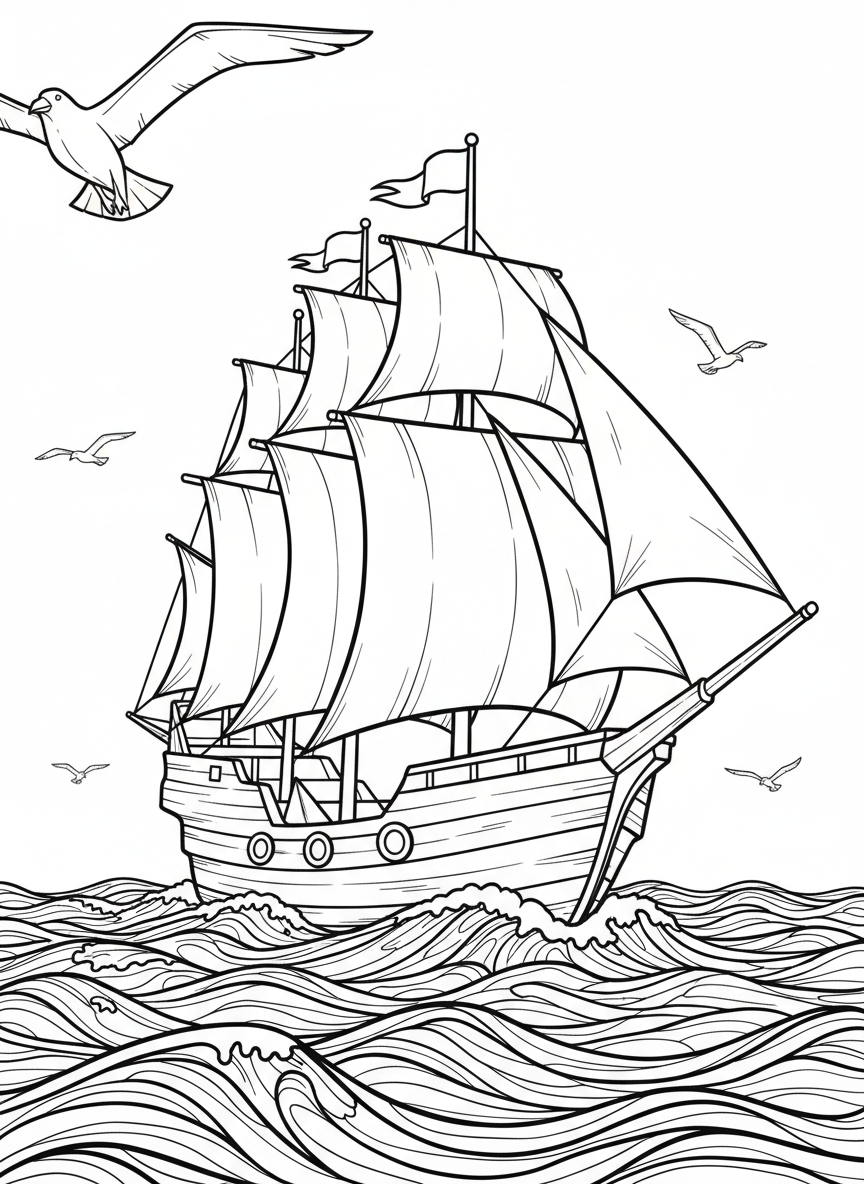 A large pirate ship made of folded paper with angular sails, a paper flag on top, sailing across the ocean with seagulls flying nearby.
