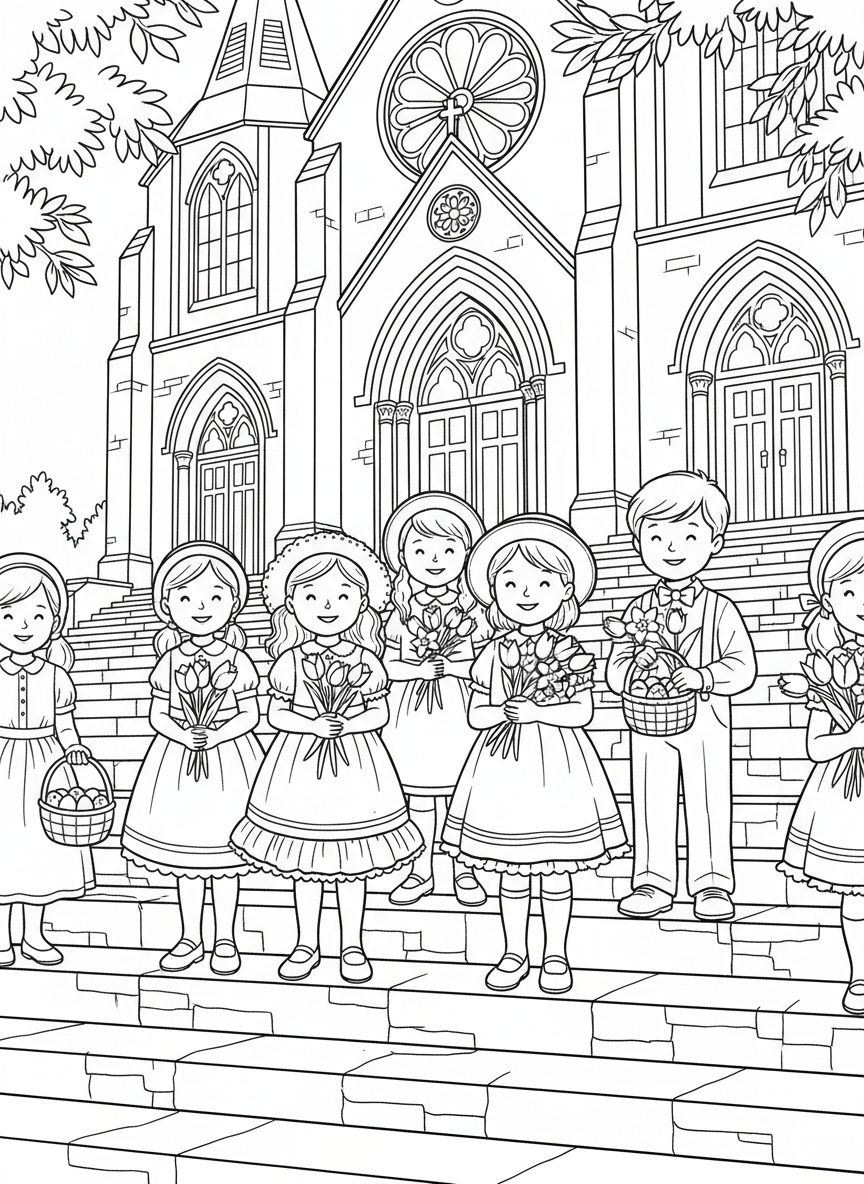 Children in their Easter outfits standing on church steps, holding small bouquets of spring flowers and smiling together.