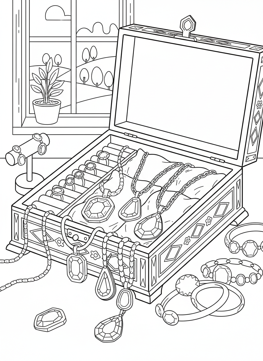 A jewelry box opened to display necklaces, rings, and bracelets adorned with various gemstones, clear outlines for coloring details.