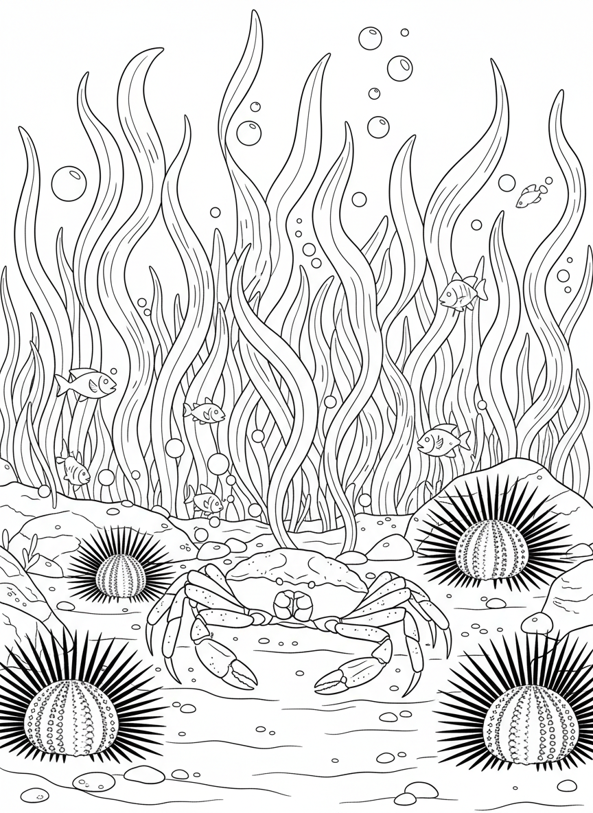 Detailed underwater tide pool view with a crab walking on the sandy bottom, surrounded by sea urchins and kelp forests.