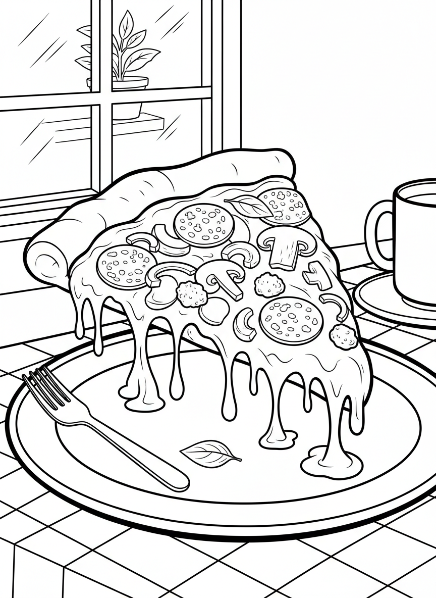 A giant pizza slice on a plate with melted cheese dripping down, close-up view with detailed toppings