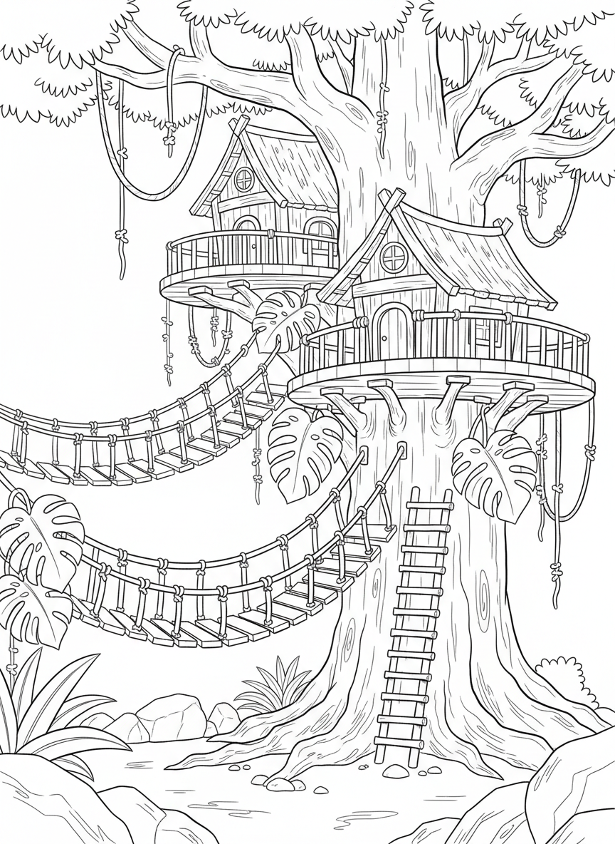 A jungle-themed treehouse with vine-like rope bridges connecting three platforms, tropical leaves and hanging vines as decoration