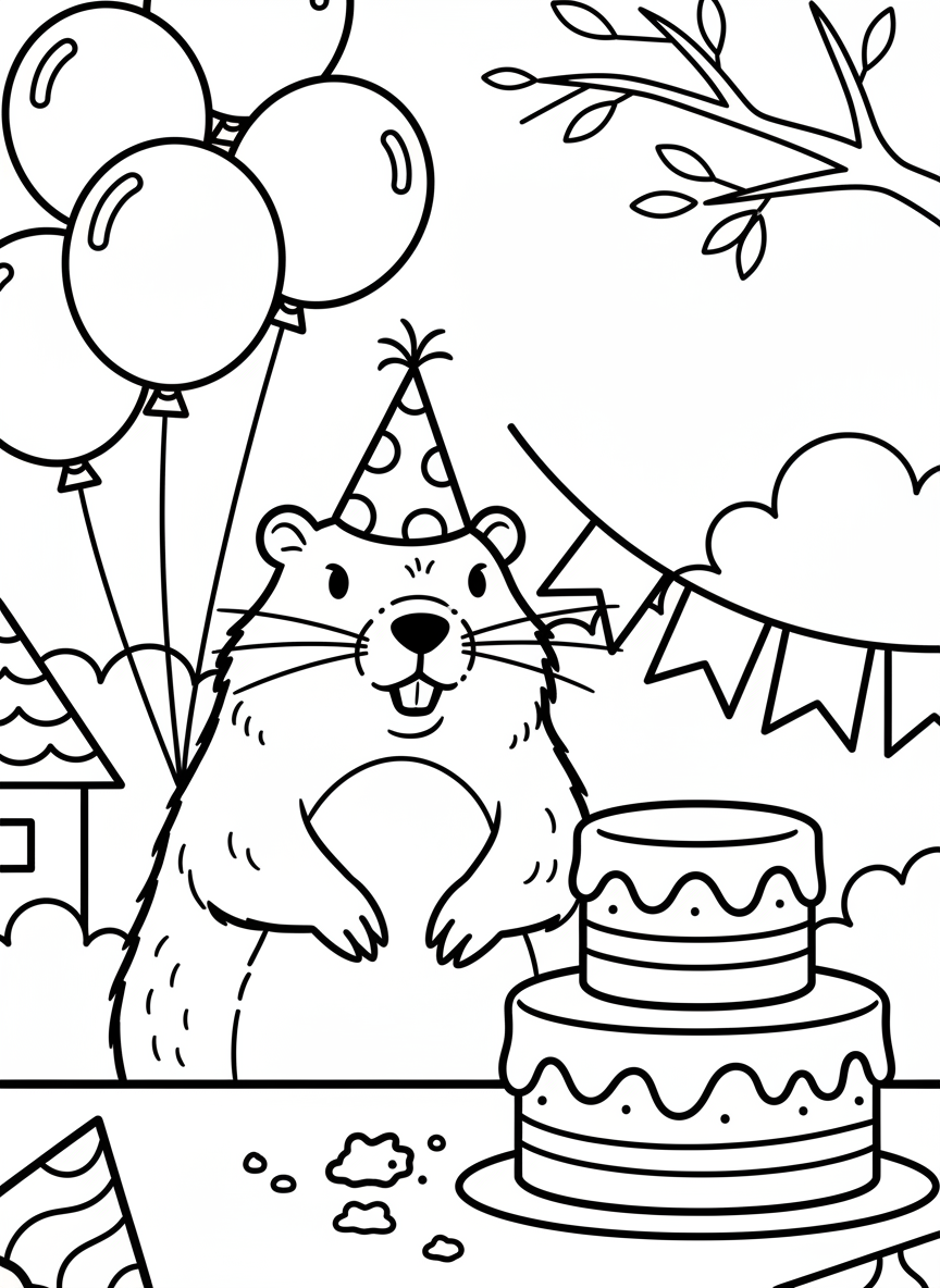 A party scene with a groundhog wearing a party hat, surrounded by balloons and a Groundhog Day cake