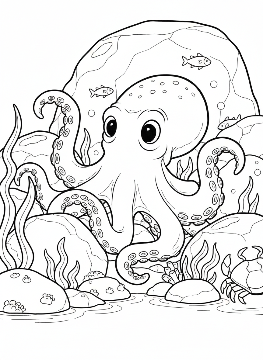 A curious octopus with eight tentacles hiding among tide pool rocks, with suction cups clearly visible, playful and kid-friendly style
