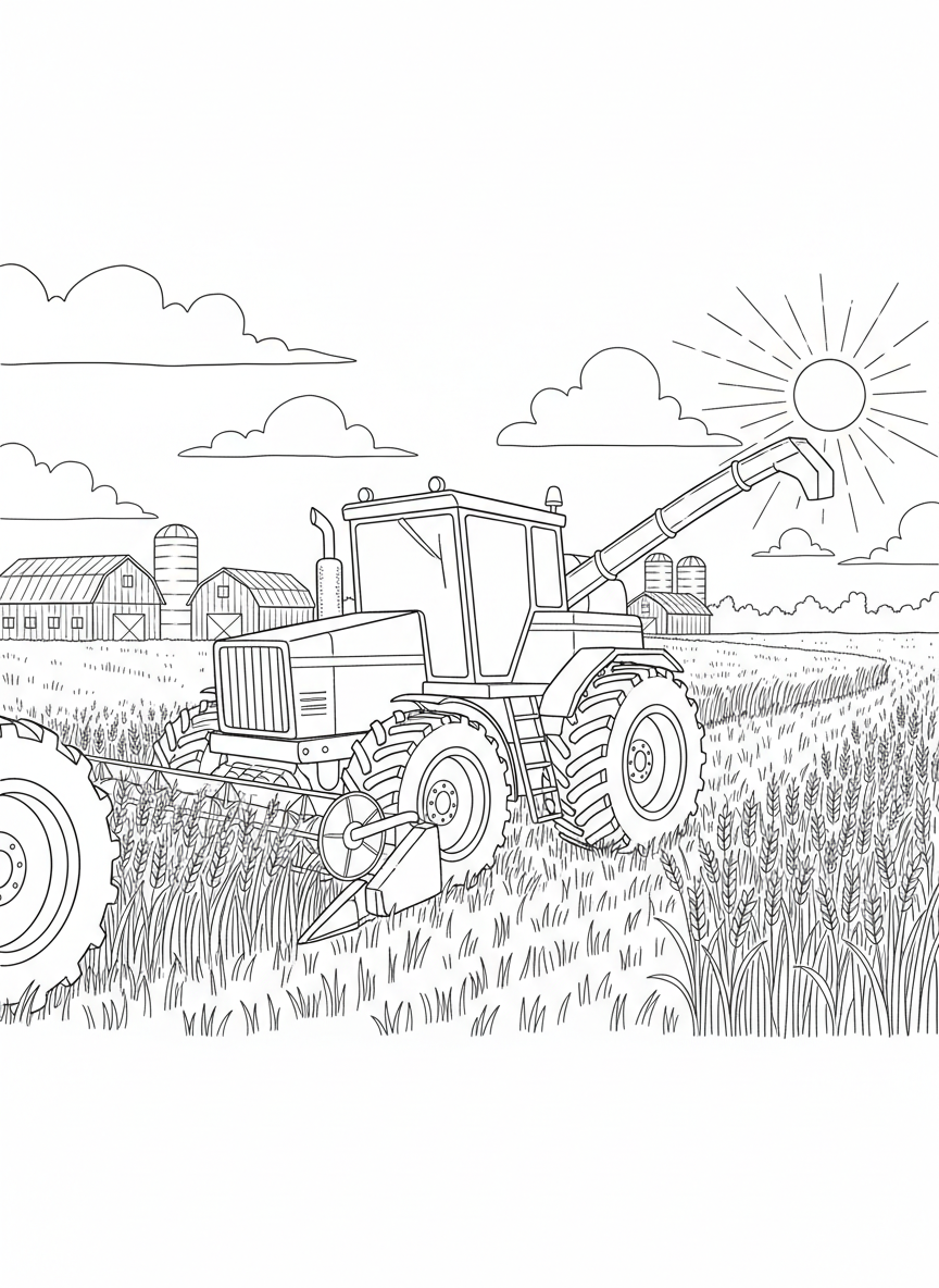 A red tractor driving through a golden wheat field during harvest season, with rows of crops stretching toward distant barns beneath a sunny sky.