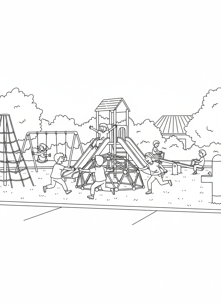 Children playing tag around playground equipment with one child on the slide, active scene with movement