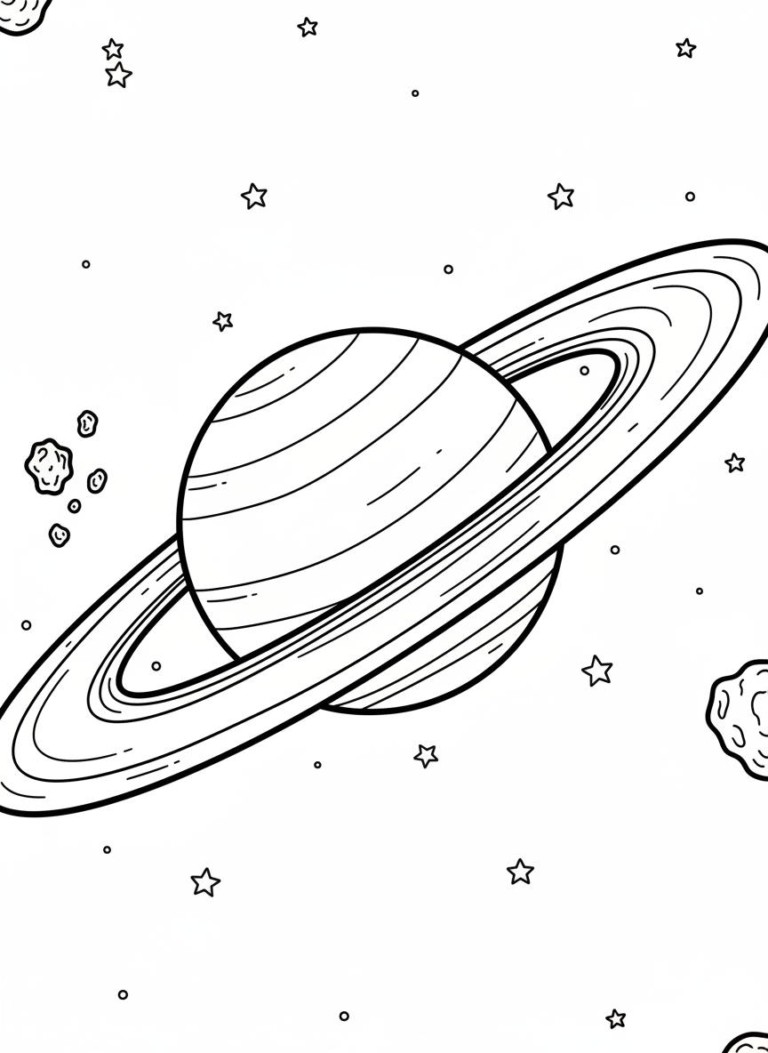 Saturn with its beautiful rings floating in space, surrounded by small stars and a few tiny asteroids, clean outlines.