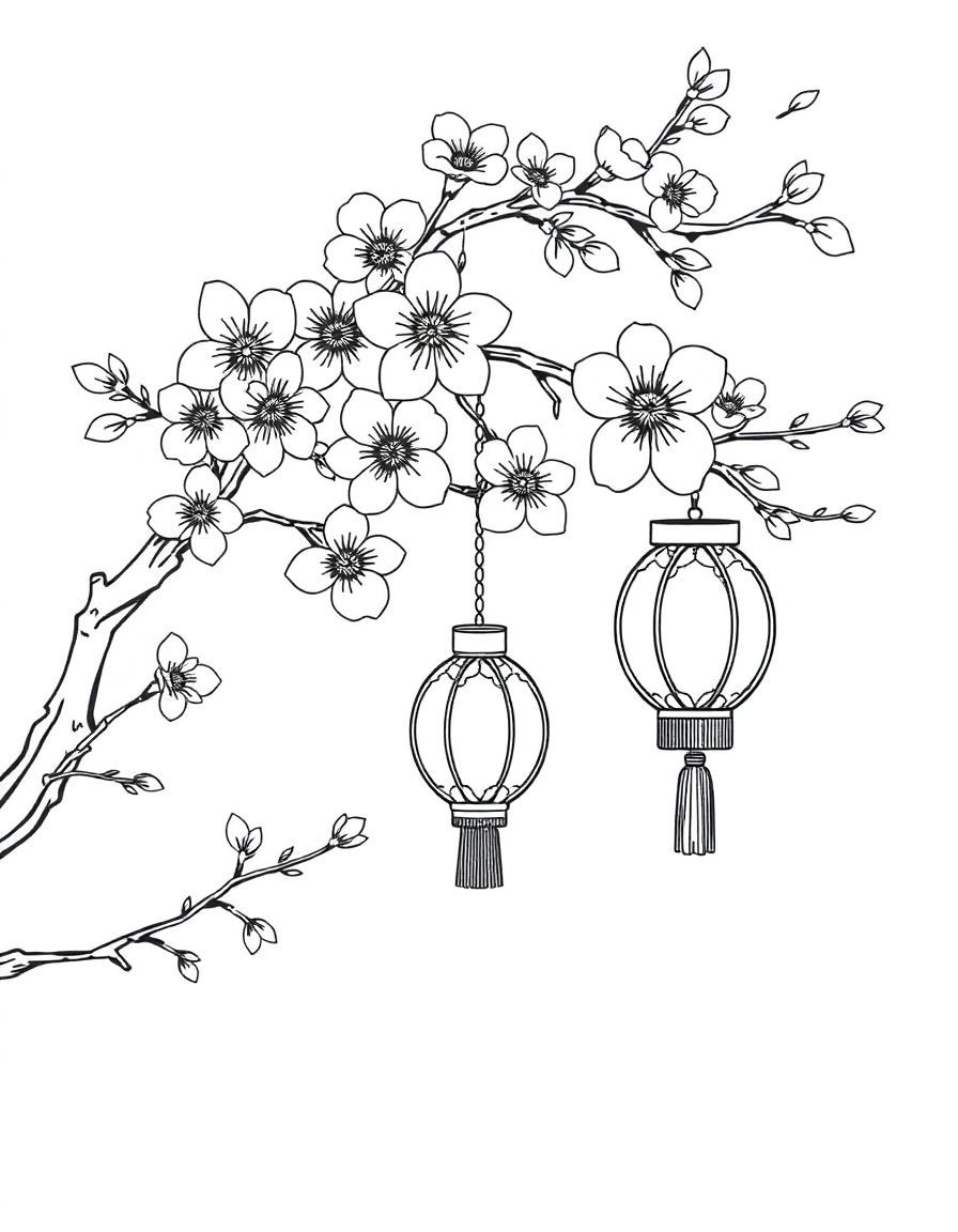Cherry Blossoms: A branch of blooming plum or cherry blossoms with a lantern hanging from it, symbolizing spring's arrival.