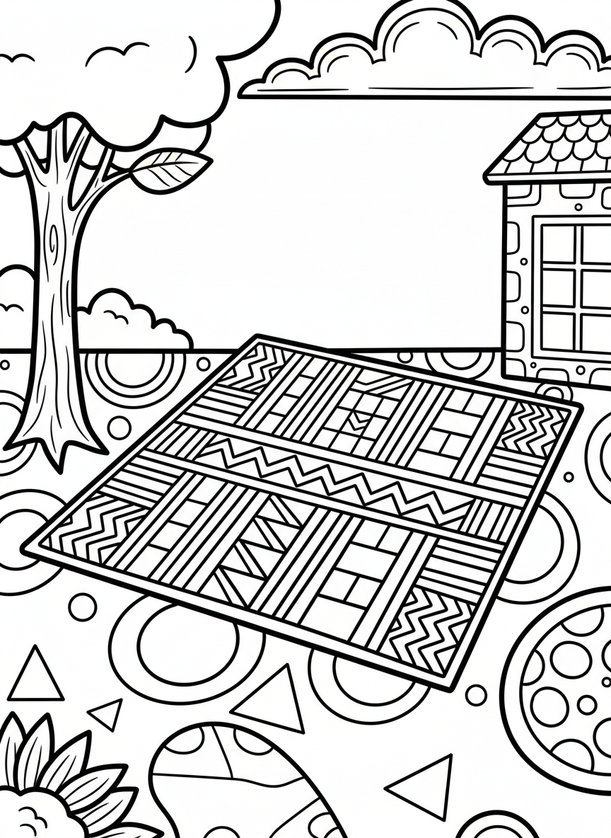 A mkeka mat with bold African kente cloth-inspired patterns including stripes, checks, and geometric shapes, simple enough for young children.