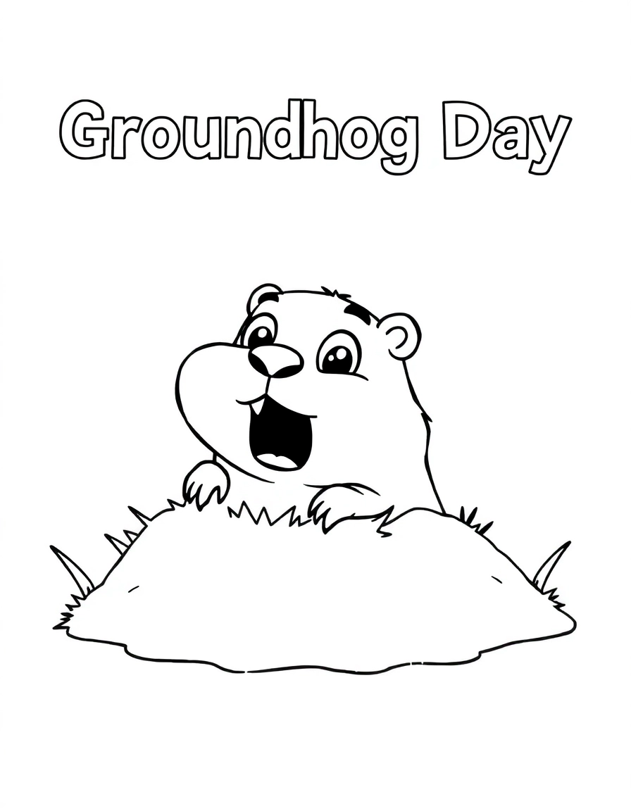 Groundhog Day: The Big Reveal: A cute groundhog popping halfway out of his grassy hole, looking surprised with wide eyes.