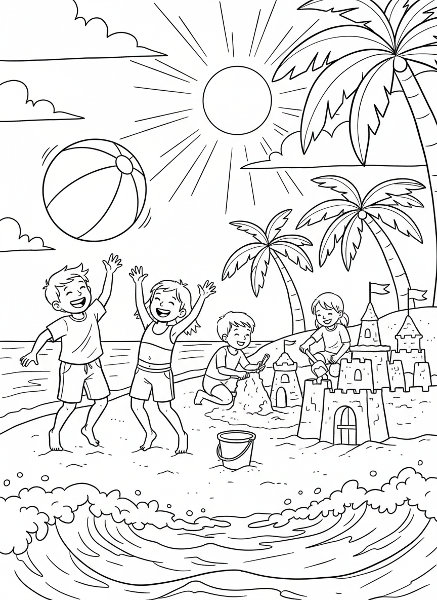 Children playing with a beach ball and building sandcastles at the beach on a sunny Labor Day weekend afternoon.